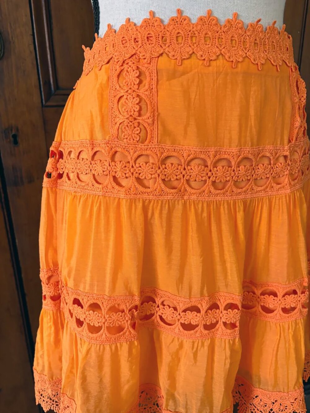 Etiquette Orange Crochet Trim Mini Skirt Size M Boho Summer Like New - Picture 2 of 4